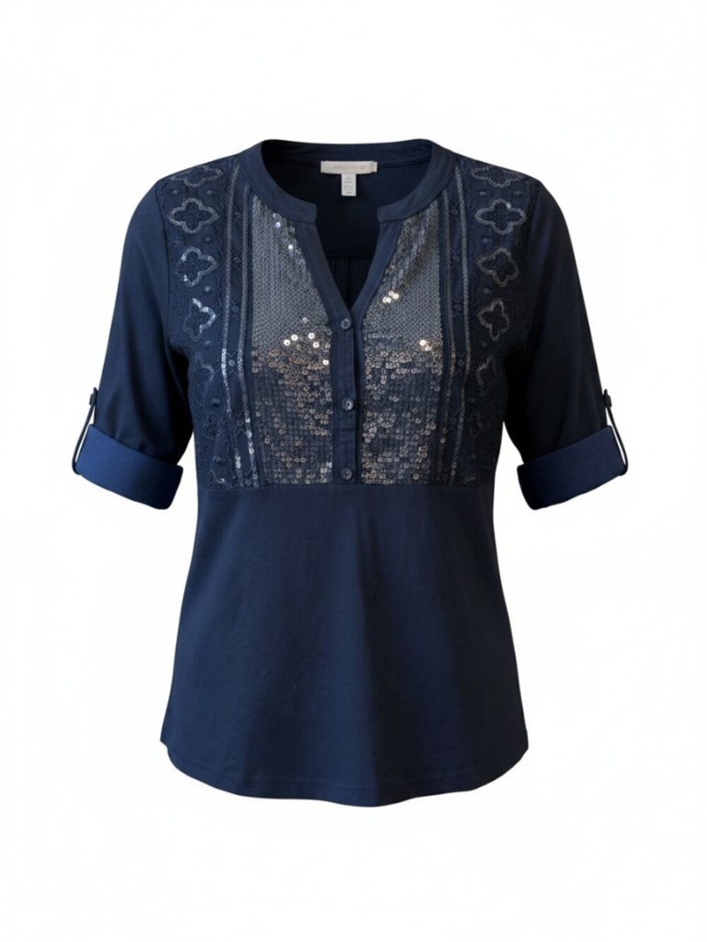 Style & Co Bling Button Up Top Sequin &‎ Embroidery Sz PM Blue #61P
